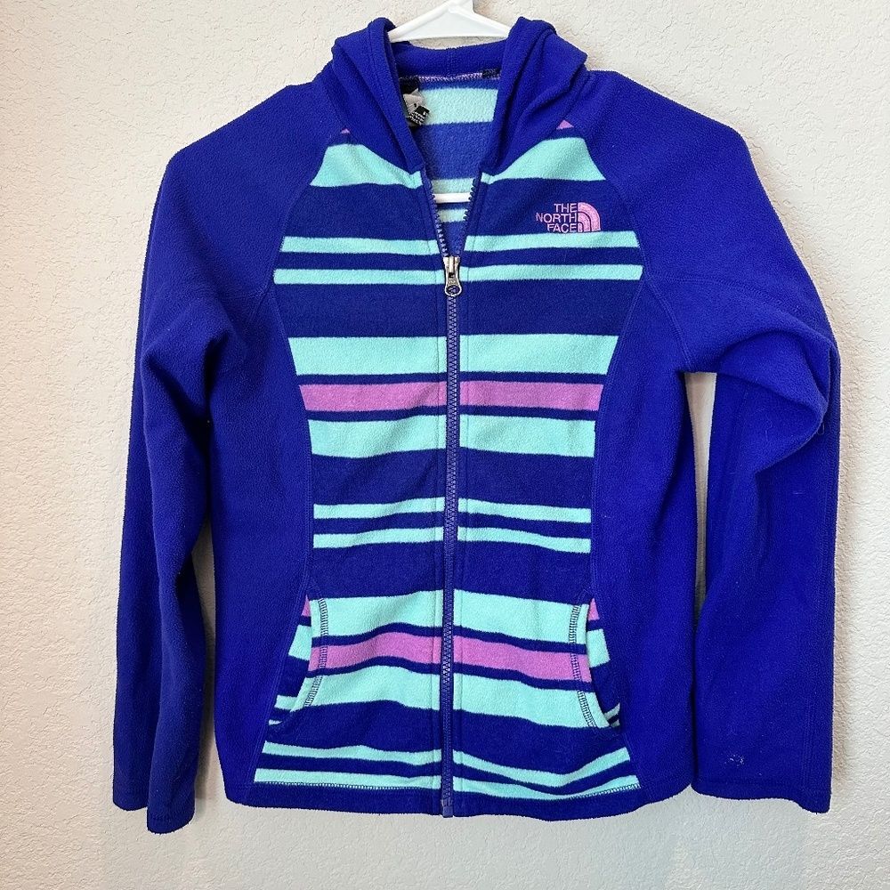 The North Face Girls Blue Purple Stripe Full Zip Fleece Hooded Jacket - Size M